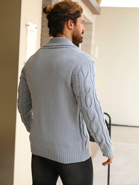Men'S Solid Cable Knit Cardigan Fall Winter Button-Up Knit Coat