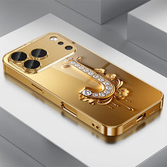 Phone Case: Phone Case - Diamond-Studded And Decorated Golden Letter J Pattern Electroplated Glass Phone Case for iPhone 17 Air/16/15/14/13/12/11/Plus/Pro/Pro Max and Galaxy S, A Series/S22/S23/S24 FE/S25/S26 ULTRA PLUS.It Is the First Choice of Gift