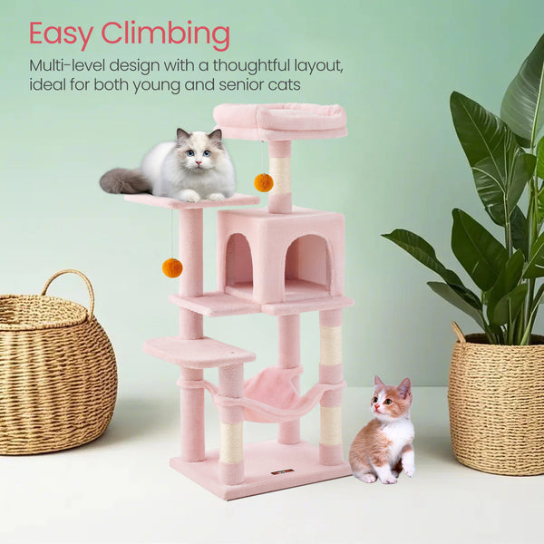 112 cm Cat Tree, Multi-Level Soft Plush Cat Tree, Cat Tower Condo with 4 Cat Scratching Posts, Hammock, Cave, Platform, Toys, Pink/White/Beige/Grey, Easy Assembly and Sturdy, Indoor Cat Furniture