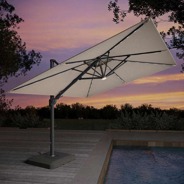 Seasons Sentry 10Ft (3M) Square 2-Tier LED Solar Cantilever Umbrella with Rolling Base in Beige