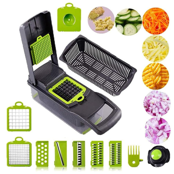 15-in-1 Fruit & Vegetable Grater Set - Kitchen Multi-Tool with 8 Interchangeable Blades (Gray Green) - Includes Dicer/Shredder/Slicer Functions