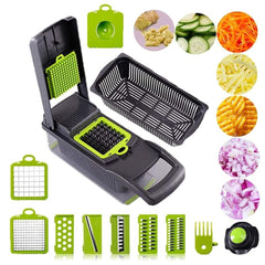 15-in-1 Fruit & Vegetable Grater Set - Kitchen Multi-Tool with 8 Interchangeable Blades (Gray Green) - Includes Dicer/Shredder/Slicer Functions