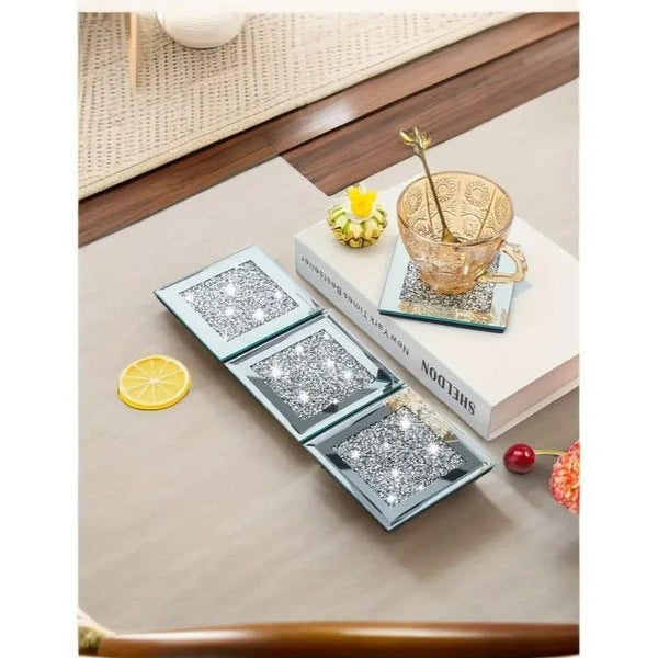 Set of 4 Square Crystal Coasters – 10cm Glass Mirrored Drink Coasters with Glitter Crushed Diamond Design – Elegant Coasters for Home, Kitchen, Bar, or Table Decoration