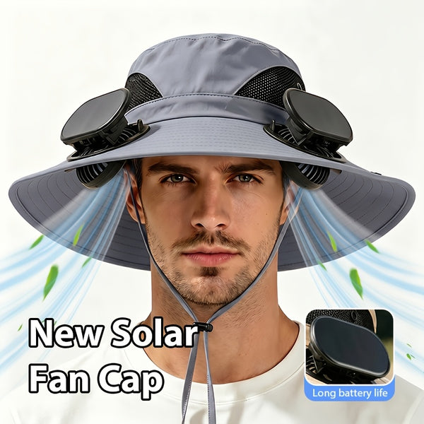 Wearing An Outdoor Solar Fan Hat, It Features A Dual-fan Design And A Wide Brim, Supports USB Charging to Ensure Long-lasting Battery Life, And Is Perfect for Activities Such As Camping, Hiking And Fishing.