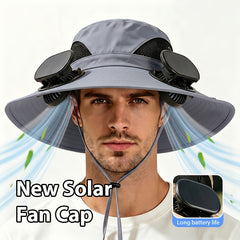 Wearing An Outdoor Solar Fan Hat, It Features A Dual-fan Design And A Wide Brim, Supports USB Charging to Ensure Long-lasting Battery Life, And Is Perfect for Activities Such As Camping, Hiking And Fishing.