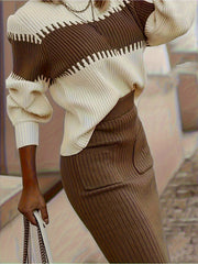 Chic Women's Ribbed Two-Piece Set: Color Block Sweater& Midi Skirt- Comfortable, Shaping Casual Wear for Fashion-Forward Ladies