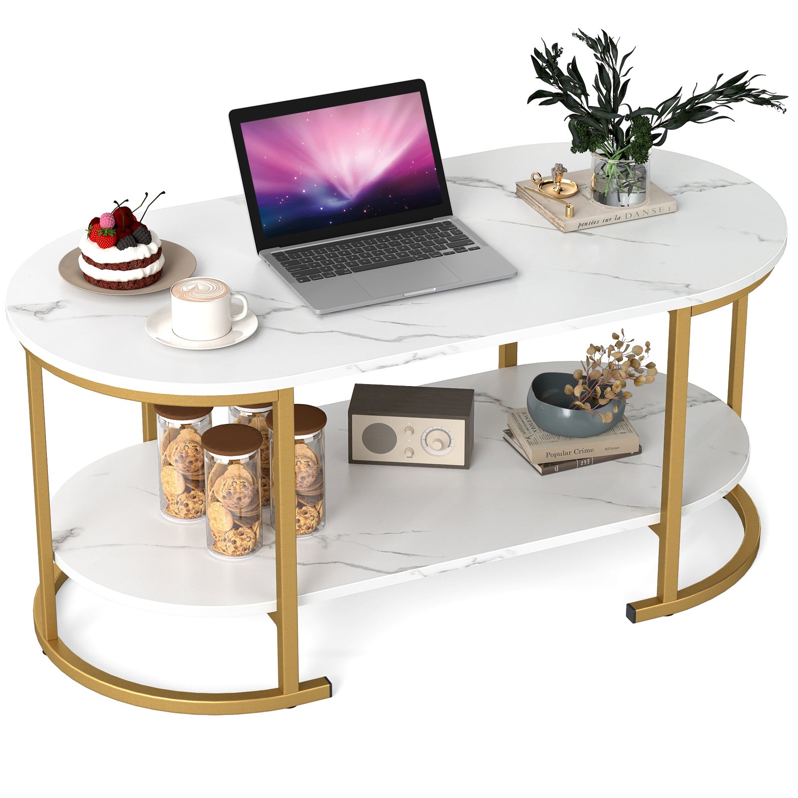 GYMAX White Faux Marble Coffee Table, 2-Tier Modern Oval Center Table with Open Storage Shelf, Gold Metal Frame Cocktail Table for Living Room, Bedroom