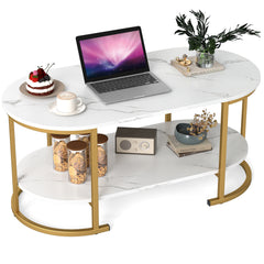 GYMAX White Faux Marble Coffee Table, 2-Tier Modern Oval Center Table with Open Storage Shelf, Gold Metal Frame Cocktail Table for Living Room, Bedroom
