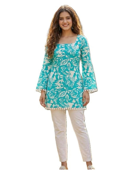 Estationeryhouse Cotton Printed Kurta Top, Long Sleeves, with White Tassels and Drawstring for Adjusting at Back
