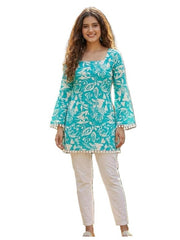 Estationeryhouse Cotton Printed Kurta Top, Long Sleeves, with White Tassels and Drawstring for Adjusting at Back
