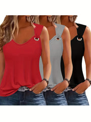Three-Pack Women's Tank Tops Summer Sleeveless Loose Fit Eyelet Neck Solid Color Basic Shirts