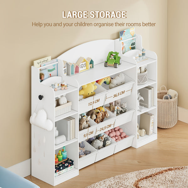 Toy Storage Units and Bookcase | With 8 Fabric Bins, Open Shelves, Display Rack, Suitable for Bedroom, Nursery, Playroom, Kindergarten, White - HZUANERI