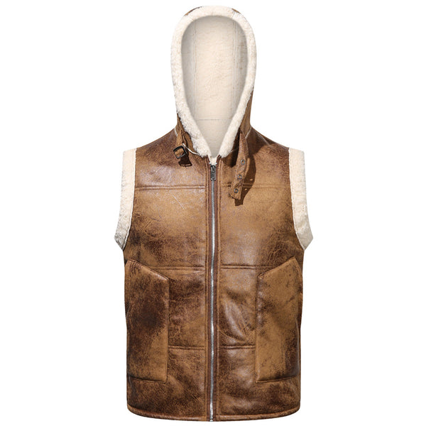 Men's Faux Fur-Lined Hooded Vest, Thickened and -Lined, Fashionable Windproof and Warm Outer Jacket for Men