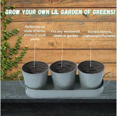 Trendi – Set of 3 Metal Plant Pots with Drip Tray | Embossed Indoor & Outdoor Plant Pots for Garden, Windowsill, Kitchen & Desk | Decorative Metal Flower Pots for Herbs & Plants | Light Grey