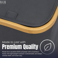 LKH Laundry Basket with Lid 100 litre | 600D Polyester Clothes Hamper for Laundry with Bamboo handles, Laundry Guide & Inner Mesh Bag | 44x33x70cm Laundry Basket Organizer for Dorm Laundry Room