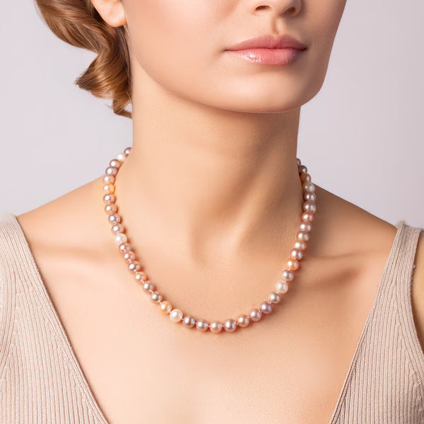 7.5Mm Cultured Freshwater Multi Colour Pearl Necklace, 18Ct Yellow Gold