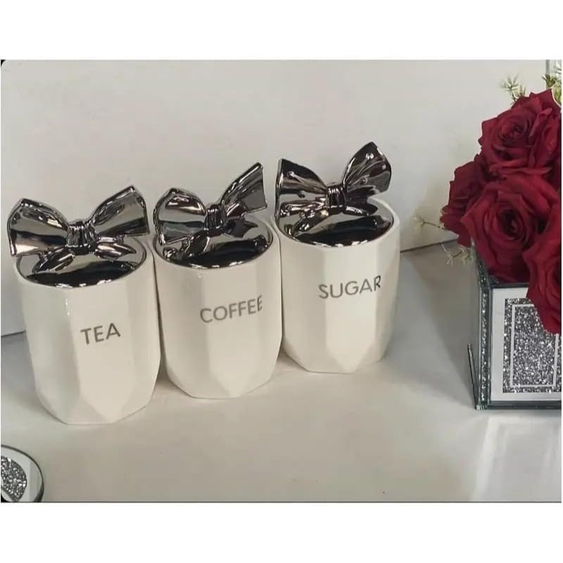 White Silver 3-Piece Marble Effect Ceramic Tea, Coffee & Sugar Canisters – 15x11cm Kitchen Storage Jars with Silver Bow Lid, Crystal Style Containers for Home Décor, Dining Table & Gift Set