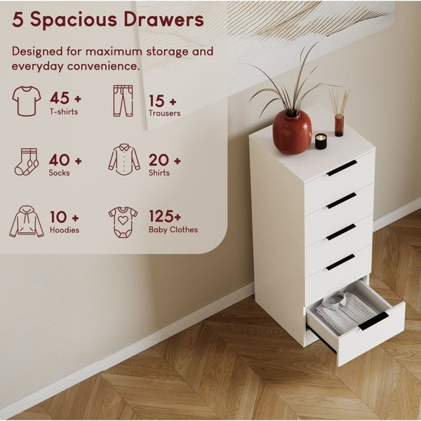 Modern 5 Drawer Narrow Chest of Drawers Dresser Space Saving Storage Organizer Bedroom Furniture