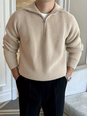 Men's Solid Color Minimalist Raglan Sleeve Thick Zip-Up Sweater for Autumn/Winter