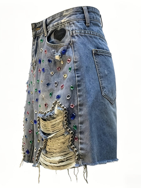 New European & American Style Women'S Heavy-Duty Rhinestone & Beaded Denim Shorts, High Waist Ripped Straight Leg Bermuda Capris, Made of Breathable, Cool, Soft And Comfy Fabric. Perfect for Summer Outdoor Casual Wear
