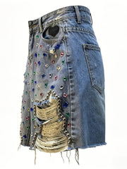 New European & American Style Women'S Heavy-Duty Rhinestone & Beaded Denim Shorts, High Waist Ripped Straight Leg Bermuda Capris, Made of Breathable, Cool, Soft And Comfy Fabric. Perfect for Summer Outdoor Casual Wear