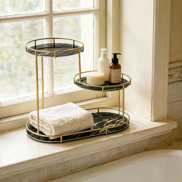 Large 3-Tier Bathroom Organizer with Metal Frame - Perfect for Cosmetics, Perfumes, Skincare & Toothbrushes - Durable Cast Iron, Washable UV Panel