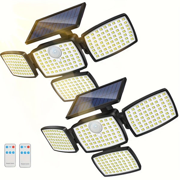 1/ 2pcs Solar Outdoor Lights, 358LED Security Lights with Remote Control, 3 Heads Motion Sensor Lights, IP65 Waterproof, 270° Wide Angle Flood Wall Lights with 3 Modes