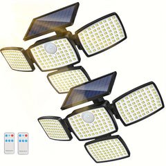 1/ 2pcs Solar Outdoor Lights, 358LED Security Lights with Remote Control, 3 Heads Motion Sensor Lights, IP65 Waterproof, 270° Wide Angle Flood Wall Lights with 3 Modes