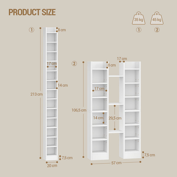 CD Shelf, 14-Tier Open CD Stand, Two-Piece Media Shelf, Freestanding Shelf, Stand Or Display Case, for Living Room, Study, 17 X 20 X 213cm, White