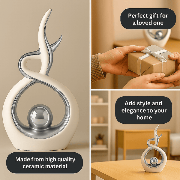White & Silver Abstract Statue 27.5cm – Modern Ceramic Sculpture for Home, Shelf & Table Décor | Elegant White and Silver Ornament Gift for Living Room, Bedroom & Housewarmings