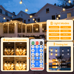 Dimmable Solar Outdoor String Lights - 100ft/60ft/50ft G40 Solar Powered Garden Lights, Remote 3 Timer 8 Modes Waterproof Outside Festoon Lights for Gardens Patios Fences Pergolas