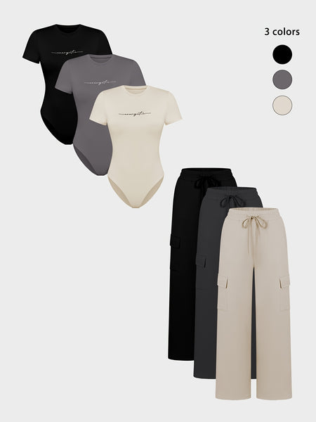 New Spring And Summer Collection of 6pcs Set for Women Featuring Casual, Elegant, And Business Styles. Includes Fitted Solid Color And Printed Short-Sleeve Bodysuits