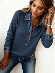 Women's Patchwork Denim Collar Button- Top - Button Front Placket, Color Patchwork Suitable for Fall/Winter, Casual Winter Wear, Daily Commuting & Retro-Chic Outfits - Machine Washable Button-Up Shirt