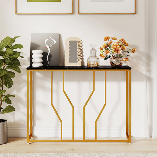 GYMAX Gold Console Table, 110 cm Modern White Entryway Table with Faux Marble Tabletop, Geometric Metal Frame, Narrow Behind Sofa Table Foyer Table for Living Room, Hallway, Entrance, Black