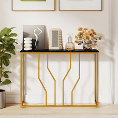 GYMAX Gold Console Table, 110 cm Modern White Entryway Table with Faux Marble Tabletop, Geometric Metal Frame, Narrow Behind Sofa Table Foyer Table for Living Room, Hallway, Entrance, Black