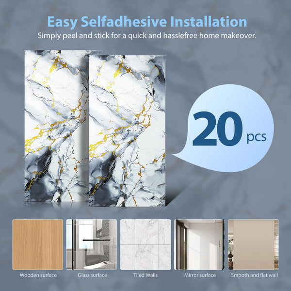 STOBOK 20pcs Self-Adhesive Decorative Tile Wall Stickers, Washable with Water, Featuring a Marble-Like Appearance. Perfect for Decorating Bathrooms, Kitchens, Living Rooms, Bedrooms, Offices, And Dorms - Shiny End