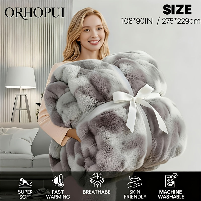 Luxury King Size Faux Fur Blanket, Double Sided Bubble Plush Throw, Machine Washable & Anti-Shedding, Oversized Warm Bedspread for Bed Sofa, Perfect Valentine's Day Gift for Couples - All-Season Faux Fur Throw Blanket - 274.32x228.6 cm - Printed Grey