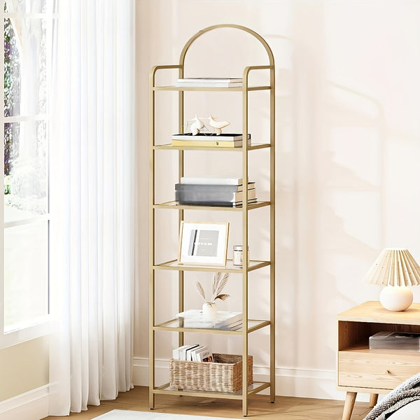 Bookcase Bookshelf, Tempered Glass Bookshelves, Slim Shelving Unit for Bedroom, Bathroom, Home Office, Steel Frame, 5 Tier Golden