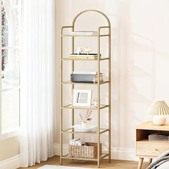 Bookcase Bookshelf, Tempered Glass Bookshelves, Slim Shelving Unit for Bedroom, Bathroom, Home Office, Steel Frame, 5 Tier Golden