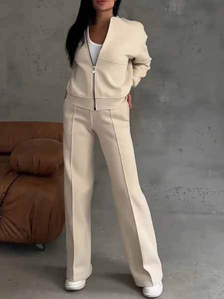 Women's Solid 2pcs Track Suit | 2025 Autumn Zipper Jacket + Wide-Leg Pants, Minimalist Solid Color Casual Matching Outfit for Daily/Street Wear