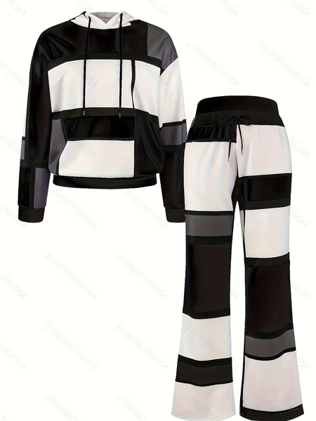 Casual Color Block 2pcs Set, Long Sleeve Hooded Top And Drawstring Pants, Women'S Clothing