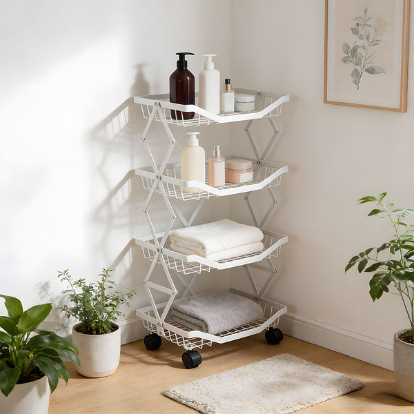 Foldable Kitchen Organizer Cart with 360° Rotating & Multi-Tier Shelves, Large Capacity Metal Vegetable Cart & Organiser - Portable, Space-Saving Storage for Pantry, Utility Room & Kitchen
