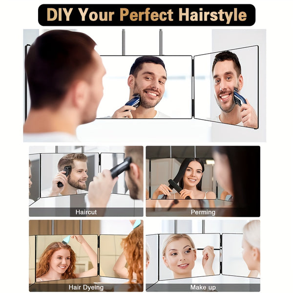 3-Way Hair Cutting Mirror, 360-Degree Viewing Angle Self Haircut Mirror with Clear HD Glass & Plastic Frame, Adjustable Triple Fold Mirror for Seeing Back of Head, Personal Care Beauty Essential