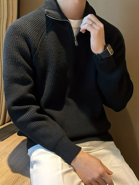 Men's Solid Color Minimalist Raglan Sleeve Thick Zip-Up Sweater for Autumn/Winter