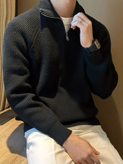 Men's Solid Color Minimalist Raglan Sleeve Thick Zip-Up Sweater for Autumn/Winter