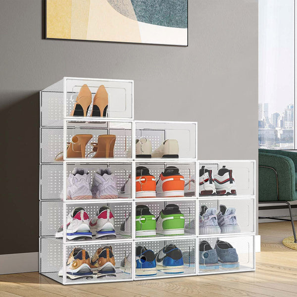 Pack of 12 Stackable Shoe Boxes Shoe Storage Organisers, Sturdy & Durable, Space Saving, Shoe Organizer Containers with Lids for Women/Men, Ideal for Entryway, Closet, Living Room, Bedroom, Office, Dorm, Fit Up To UK Size 9.5, 23x33x14cm