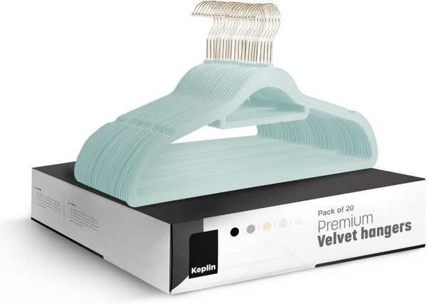 KEPLIN Velvet Hangers 20 Pack - Non-Slip Clothes Hangers with Tie Bar & 360° Hook - Durable & Sturdy, Space-Saving Wardrobe Organisers for Suits, Jackets & Clothes- Home Storage Solution (Black)