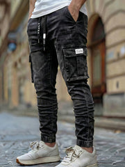 Men'S Slim Fit Multi-Pocket Jeans, Four Seasons Workwear Denim Trousers for Men, Washed Micro-Elastic Fabric, Elastic Waistband, Suitable for Leisure And Work