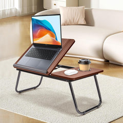 [Cozy Comfort] Versatile Folding Laptop Desk with Cup Holder - 5-Level Adjustable Tilt, Portable & Sturdy Wooden Frame, Ideal for Reading, Studying & Serving Breakfast in Bed - Available in Black, Walnut, Natural, Pink