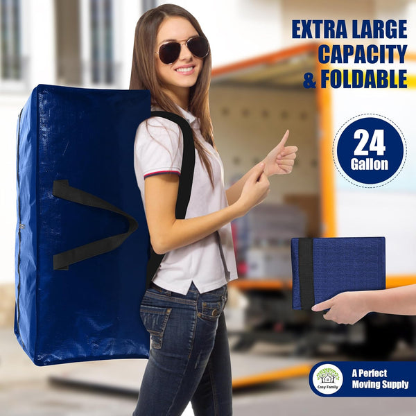 Cosy Family 4 Pack Heavy Duty Extra Large Moving Bags with Backpack Straps - Strong Handles & Zippers, Storage Totes for Space Saving, Fold Flat, Alternative to Moving Box (X-Large-Set of 4, Blue)